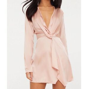 PrettyLittleThing Pink Satin Draped Knot Front Blouse Long Sleeve Size 10